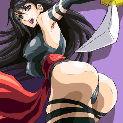 Rule 34 | 1girl, ass, ass focus, black leotard, bridal gauntlets, cameltoe, curvy, halter leotard, halterneck, highleg, highleg leotard, holding, holding sword, holding weapon, huge ass, impossible clothes, impossible leotard, katana, leotard, lips, looking at viewer, looking back, marvel, open mouth, psylocke, purple eyes, purple hair, red sash, sash, shiny skin, simple background, solo, superhero costume, sword, thighhighs, thong leotard, weapon, wide hips, x-men