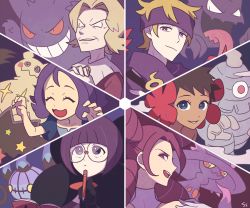 Rule 34 | 1boy, 5girls, :d, ^ ^, acerola (pokemon), agatha (pokemon), blue eyes, bob cut, bright pupils, brown hair, chandelure, child, closed eyes, creature, creatures (company), dusclops, elite four, evil grin, evil smile, face, fantina (pokemon), fire, flower, game freak, gen 1 pokemon, gen 3 pokemon, gen 4 pokemon, gen 5 pokemon, gen 7 pokemon, gengar, ghost, glasses, grin, gym leader, hair flower, hair ornament, haunter, holding, holding notebook, holding pencil, long hair, looking at viewer, looking to the side, mimikyu, mismagius, morty (pokemon), multiple girls, nintendo, notebook, old, old woman, open mouth, pencil, phoebe (pokemon), pokemon, pokemon (creature), pokemon bw, pokemon dppt, pokemon frlg, pokemon hgss, pokemon rse, pokemon sm, purple background, purple eyes, purple hair, purple scarf, scarf, shauntal (pokemon), short hair, signature, smile, ssalbulre, star (symbol), tongue, tongue out, trial captain, wrinkled skin