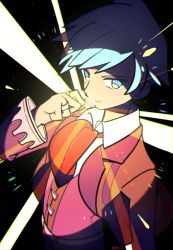 Rule 34 | 1boy, black background, blue eyes, blue hair, chueog, closed mouth, collared shirt, creatures (company), game freak, glowing, hand up, highres, holding, jacket, jewelry, long sleeves, male focus, necktie, nintendo, pokemon, pokemon oras, purple vest, ring, shirt, short hair, smile, solo, steven stone, twitter username, upper body, vest, white shirt