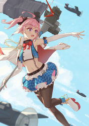 Rule 34 | 1girl, absurdres, azur lane, belt, black belt, black ribbon, boots, bow, brown pantyhose, coat, coat on shoulders, dutch angle, f6f hellcat, flight deck, foot out of frame, frilled skirt, frills, gloves, hair ribbon, highres, holding, holding pole, long hair, microskirt, midriff, navel, open clothes, open coat, open mouth, outstretched arm, pantyhose, pink hair, pole, purple eyes, red bow, retrofit (azur lane), ribbon, saratoga (azur lane), saratoga (retrofit) (azur lane), skirt, solo, white coat, white footwear, white gloves, xxiao0418