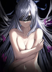 Rule 34 | 1girl, bakemonsou, black background, black blindfold, blindfold, breasts, closed mouth, collarbone, covering privates, covering breasts, grey hair, highres, honkai: star rail, honkai (series), jingliu (honkai: star rail), long hair, medium breasts, navel, nude, solo, stomach, upper body, very long hair