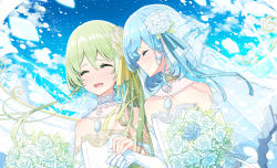 Rule 34 | 2girls, alternate costume, bare shoulders, blue choker, blue flower, blue hair, blue ribbon, blue rose, blue sky, blush, bouquet, bridal veil, brown choker, choker, cirno, closed eyes, closed mouth, cloud, cloudy sky, collarbone, commentary request, cross, cross print, daiyousei, dress, elbow gloves, female focus, fingernails, flower, gem, gloves, gradient sky, green hair, hair between eyes, hair flower, hair ornament, hair ribbon, hands up, jewelry, leaf, multiple girls, necklace, open mouth, petals, ribbon, ring, rose, sakuraba yuuki, short hair, side ponytail, sky, smile, standing, teeth, tongue, touhou, upper body, veil, wedding dress, wedding ring, white dress, white flower, white gloves, white ribbon, white rose, yuri