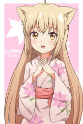 Rule 34 | 1girl, :d, animal ears, blonde hair, blush, character name, commentary request, copyright name, fang, fingernails, floral print, fox ears, hair between eyes, highres, interlocked fingers, japanese clothes, kimono, konohana kitan, long hair, looking at viewer, open mouth, pink background, pink kimono, print kimono, smile, solo, two-tone background, very long hair, white background, x-6, yellow eyes, yuzu (konohana kitan)