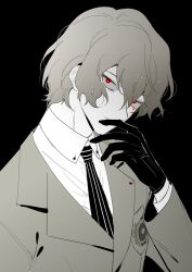 Rule 34 | 1boy, akechi gorou, bishounen, black background, blazer, blood, blood drop, bloody tears, bright pupils, buttons, collared jacket, collared shirt, commentary, crest, eyelashes, gloves, greyscale, hair between eyes, hand on own chin, jacket, lapels, layered sleeves, long sleeves, male focus, monochrome, necktie, notched lapels, persona, persona 5, pocket, red eyes, shirt, short hair, simple background, solo, spot color, striped clothes, unagi (nakaelric), upper body, vertical-striped clothes, vertical-striped necktie, white pupils, wide-eyed