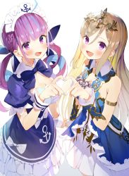 Rule 34 | 2girls, :d, armlet, bare shoulders, blonde hair, blue dress, blue nails, blue neckwear, bow, bowtie, breasts, cleavage, detached sleeves, dress, fingernails, gaou (umaiyo puyoman), hand up, hat, heart, heart hands, highres, holding hands, hololive, large breasts, last idea, long hair, looking at viewer, lucrecia (last idea), minato aqua, minato aqua (1st costume), multicolored hair, multiple girls, nail polish, nurse cap, open mouth, puffy short sleeves, puffy sleeves, purple dress, purple eyes, purple hair, short sleeves, simple background, smile, standing, streaked hair, very long hair, virtual youtuber, white background