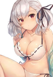 Rule 34 | 1girl, alternate costume, bikini, black ribbon, blush, breasts, cleavage, closed mouth, collarbone, front-tie top, girls&#039; frontline, hair ribbon, head tilt, highres, large breasts, long hair, looking at viewer, motokonut, navel, red eyes, ribbon, see-through, shirt, side-tie bikini bottom, sidelocks, silver hair, simple background, sitting, smile, solo, spas-12 (girls&#039; frontline), stomach, swimsuit, thighs, twintails, white background, white bikini