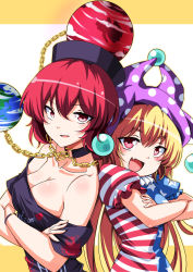 Rule 34 | 2girls, :d, absurdres, american flag dress, american flag shirt, back-to-back, bare shoulders, belt, blonde hair, blush, bracelet, breasts, chain, cleavage, clothes writing, clownpiece, collar, collarbone, crossed arms, earth (planet), eyebrows, eyelashes, fang, fangs, female focus, frills, hair between eyes, hat, heart, hecatia lapislazuli, highres, jester cap, jewelry, koissa, large breasts, long hair, looking at viewer, multiple girls, neck ruff, no wings, off-shoulder shirt, off shoulder, open mouth, orb, planet, polearm, polka dot, polka dot headwear, puffy short sleeves, puffy sleeves, red eyes, red hair, shirt, short hair, short sleeves, side-by-side, smile, star (symbol), star print, touhou, upper body, weapon