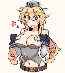 Rule 34 | 1girl, belt, blonde hair, blue eyes, blush, breast hold, breasts, clothes writing, covering privates, covering breasts, elbow gloves, gloves, hair between eyes, headgear, iowa (kancolle), kantai collection, kusanagi tonbo, large breasts, long hair, navel, simple background, solo, star-shaped pupils, star (symbol), sweat, symbol-shaped pupils, upper body, wavy mouth