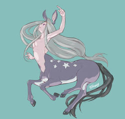 Rule 34 | animal ears, breasts, centaur, full body, horse ears, long hair, low-tied long hair, monster girl, signature, simple background, small breasts, taur, topless, ttmary