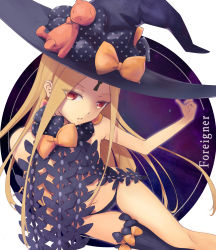Rule 34 | 1girl, abigail williams (fate), bare arms, bare shoulders, black bow, black hat, black panties, black thighhighs, blonde hair, bow, commentary request, eyes visible through hair, fate/grand order, fate (series), from above, hair bow, hat, hat bow, highres, keyhole, long hair, looking at viewer, navel, oniku (pixiv 28205308), orange bow, panties, parted bangs, polka dot, polka dot bow, red eyes, single thighhigh, solo, stuffed animal, stuffed toy, teddy bear, thighhighs, underwear, very long hair, witch hat