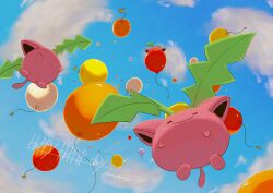 Rule 34 | balloon, blue sky, closed eyes, closed mouth, cloud, commentary request, creatures (company), day, english text, flying, from below, full body, game freak, gen 2 pokemon, gyura, highres, hoppip, leaf, nintendo, no humans, outdoors, pokemon, pokemon (creature), signature, sky, smile