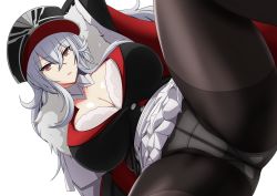 Rule 34 | 1girl, azur lane, breasts, cleavage, cleavage cutout, cloak, clothing cutout, fur collar, fur trim, graf zeppelin (azur lane), hair ornament, hat, highres, large breasts, long hair, looking at viewer, makiri akira, military hat, panties, pantyhose, parted lips, red eyes, silver hair, simple background, skirt, solo, underwear, white background