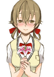 Rule 34 | 10s, 1girl, blush, bow, bowtie, brown eyes, brown hair, guilty crown, hair between eyes, hair ribbon, light smile, menjou hare, ribbon, school uniform, short twintails, simple background, smile, solo, touko, twintails, upper body, vest