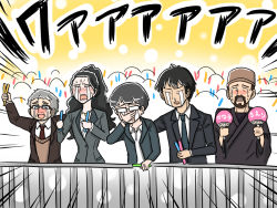 Rule 34 | 10s, 1girl, 4boys, beard, black hair, blush, brown hair, character request, crowd, crying, executive mishiro, facial hair, formal, glasses, idolmaster, idolmaster cinderella girls, japanese clothes, jewelry, long hair, looking at viewer, multiple boys, necklace, necktie, open mouth, producer (idolmaster), producer (idolmaster cinderella girls anime), shirt, short hair, skirt, skirt suit, smile, suit, sweat, sweater, translated, tsunamayo, white shirt