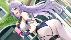 Rule 34 | 1girl, absurdres, ass, bare shoulders, baseball bat, belt, black gloves, blue eyes, blush, braid, breasts, fingerless gloves, food, french braid, gloves, goddess of victory: nikke, highres, large breasts, light purple hair, long hair, looking at viewer, looking back, open mouth, pants, popsicle, smile, solo, takehana note, thighs, tight clothes, tight pants