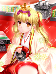 Rule 34 | 1girl, 1other, angel beats!, blonde hair, blurry, brown eyes, commentary request, depth of field, floral print, highres, hinadan, hinamatsuri, hishimochi, japanese clothes, karaginu mo, kimono, layered clothes, layered kimono, long hair, looking at viewer, parted lips, saucer, sparkle, teapot, tokkuri, twintails, yusa (angel beats!), zen