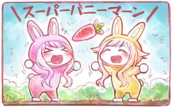 Rule 34 | &gt; &lt;, +++, 2girls, :3, :d, animal costume, blonde hair, blue sky, blush, border, carrot, chibi, closed mouth, commentary request, grass, himehina channel, multiple girls, open mouth, outdoors, outstretched arms, partial commentary, pink hair, rabbit costume, red border, sakino shingetsu, sky, smile, spread arms, standing, super bunny man, suzuki hina, tanaka hime, translated, virtual youtuber