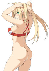Rule 34 | 1girl, adjusting hair, ahoge, arms up, ass, bikini, bikini top only, blonde hair, blush, bottomless, breasts, closed mouth, criss-cross halter, earrings, fate/grand order, fate (series), from behind, hair intakes, halterneck, jewelry, legs apart, long hair, looking at viewer, looking back, medium breasts, nero claudius (fate), nero claudius (fate) (all), nero claudius (swimsuit caster) (fate), no panties, profile, shiseki hirame, simple background, smile, solo, standing, striped bikini, striped bikini top, striped clothes, swimsuit, twintails, white background