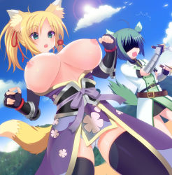 Rule 34 | 10s, 2girls, animal ears, blonde hair, breast envy, breasts, dog days, dog ears, dog tail, eclair martinozzi, flat chest, fox ears, fox tail, green eyes, green hair, huge breasts, kyoku tou, multiple girls, nipples, panties, size difference, sword, tail, underwear, weapon, yukikaze panettone