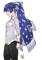 Rule 34 | 1girl, alternate costume, alternate hairstyle, arm at side, black pants, blue eyes, blue hair, bra, bra visible through clothes, breast pocket, breasts, buttons, closed mouth, coelacanth (kemono friends), dark blue hair, earrings, eyelashes, fins, fish tail, from side, head fins, high ponytail, jewelry, kemono friends, kemono friends 3, kishida shiki, long hair, medium breasts, multicolored hair, pants, pocket, see-through, see-through shirt, shirt, simple background, smile, solo, tail, taut clothes, taut shirt, underwear, very long hair, watch, white background, white shirt, wristwatch