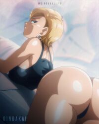 Rule 34 | 1girl, android 18, ass, bikini, blonde hair, blue eyes, breasts, dragon ball, dragon ball super, dragon ball super super hero, ear piercing, earrings, frown, highres, jewelry, large breasts, legs, looking back, lying, piercing, shiny skin, solo, swimsuit, thighs