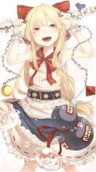 Rule 34 | 1girl, :d, alcohol, belt, blonde hair, bow, branch, brown eyes, chain, cube, female focus, flower, gourd, hair bow, highres, horns, ibuki suika, long hair, looking at viewer, low-tied long hair, open mouth, orb, pyramid (structure), sake, shirt, simple background, skirt, sleeveless, sleeveless shirt, smile, solo, tetrahedron, touhou, white background, wrist cuffs, yukima (yushika)