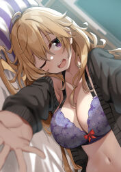 Rule 34 | 1girl, black cardigan, blonde hair, blue bra, bra, breasts, cardigan, cleavage, commentary request, highres, konoe kanata, large breasts, long hair, looking at viewer, love live!, love live! nijigasaki high school idol club, lying, navel, on side, one eye closed, open cardigan, open clothes, open mouth, purple eyes, sasanon (sasapoliton), solo, teeth, underwear, upper teeth only