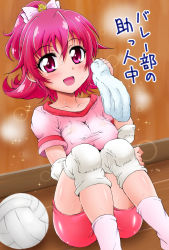 Rule 34 | 1girl, aida mana, ball, blush, bow, bow hair ornament, collarbone, dokidoki! precure, elbow pads, feet out of frame, gym shirt, gym shorts, gym uniform, hair ornament, holding, holding towel, knee pads, maru takeo, pink bow, pink eyes, pink hair, pink shirt, pink shorts, pink socks, precure, shirt, short sleeves, shorts, sitting, socks, solo, towel, translation request, uniform, volleyball (object), wooden floor