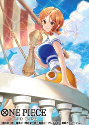 1girl blue_shirt breasts brown_hair highres holding large_breasts medium_hair miniskirt nami_(one_piece) nami_(one_piece)_(east_blue) official_art one_piece one_piece_card_game orange_hair pisuke ship shirt shroud_(sailing) sitting skirt solo sparkle two-tone_shirt watercraft white_shirt yellow_skirt