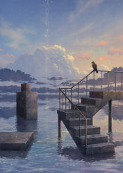 Rule 34 | bad id, bad pixiv id, bird, cloud, commentary, crack, day, glowing, highres, kazami (kuroro), no humans, original, outdoors, railing, reflection, scenery, sky, stairs, stone, water, waves