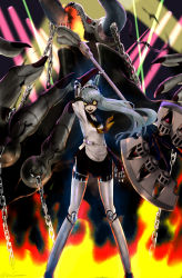 Rule 34 | 1girl, android, asterios, atlus, axe, dark persona, fire, highres, joints, labrys (persona), long hair, natu-mican, persona, persona 4: the ultimate in mayonaka arena, ponytail, robot joints, shadow (persona), silver hair, very long hair, weapon, yellow eyes