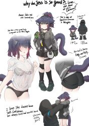 Rule 34 | 1girl, 1other, absurdres, animal ear fluff, animal ears, arknights, ass, black bra, black choker, black gloves, black hair, black panties, black shirt, black shorts, black socks, blush, bra, breasts, cat ears, cat girl, cat tail, choker, coat, doctor (arknights), english text, full body, gloves, green eyes, grey jacket, headset, highres, hood, hood up, hooded coat, hooded jacket, id card, jacket, jessica (arknights), k0ng, knee pads, large breasts, long hair, long sleeves, looking at viewer, multicolored hair, open mouth, panties, ponytail, red hair, see-through, shirt, shorts, simple background, single knee pad, socks, tail, tears, underwear, white background, white shirt