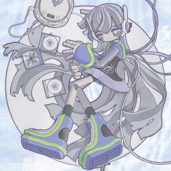 Rule 34 | 1girl, aiobahn, android, blunt bangs, blunt ends, boots, cable, cd, cd case, circle skirt, digital media player, expressionless, full body, grey eyes, grey hair, ha4to, highres, jacket, joints, long hair, long sleeves, lying, on side, purple footwear, purple jacket, robot joints, second-party source, see-through, see-through sleeves, shoe soles, solo, very long hair