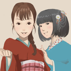 Rule 34 | 2girls, :d, black eyes, black hair, blunt bangs, blush, braid, brown hair, clenched hand, japanese clothes, looking at viewer, lowres, multiple girls, open mouth, original, single braid, smile, tanatelier, teeth, upper body