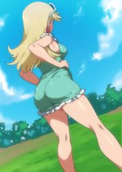 Rule 34 | 1girl, absurdres, ass, blonde hair, breasts, dress, earrings, feet out of frame, female focus, frills, from behind, highres, jcm2, jewelry, large breasts, leni loud, long hair, nickelodeon, outdoors, pantylines, solo, standing, sunglasses, tagme, the loud house