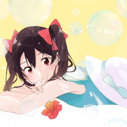 Rule 34 | 10s, 1girl, black hair, bow, bubble, flower, fly 333, hat, love live!, love live! school idol project, red bow, red eyes, smile, solo, twintails, yazawa nico, yellow background