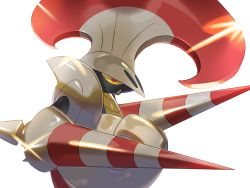 Rule 34 | armor, bad id, bad pixiv id, colored sclera, creatures (company), escavalier, from side, game freak, gen 5 pokemon, glint, highres, mian (3zandora), nintendo, plume, pokemon, pokemon (creature), profile, red eyes, simple background, white background, yellow sclera