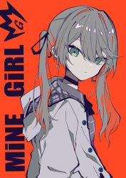 Rule 34 | 1girl, :/, black choker, black ribbon, choker, closed mouth, earrings, expressionless, from side, green eyes, grey hair, hair between eyes, hair intakes, hair ribbon, highres, hololive, jacket, jewelry, limited palette, long hair, long sleeves, looking at viewer, multicolored hair, naginata (beam naginata), natsuiro matsuri, red background, red hair, ribbon, simple background, solo, streaked hair, twintails, upper body, virtual youtuber, white jacket