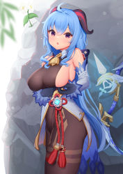Rule 34 | 1girl, adjusting clothes, ahoge, amos&#039; bow (genshin impact), bachibachi (tisen), bare shoulders, bell, black gloves, black legwear, black leotard, blue hair, blush, bodystocking, bodysuit, bow, bow (weapon), breasts, chinese knot, detached sleeves, flower, flower knot, ganyu (genshin impact), genshin impact, gloves, gold trim, groin, highres, horns, large breasts, legs together, leotard, leotard under clothes, long hair, looking at viewer, low ponytail, neck bell, open mouth, pelvic curtain, purple eyes, qingxin flower, sideboob, sidelocks, solo, standing, sweat, tassel, thighlet, vision (genshin impact), waist cape, weapon, white flower, white sleeves