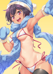 Rule 34 | 1girl, :d, armpits, bare shoulders, bikini, black hair, black thighhighs, blue gloves, blue headwear, blue scarf, blush, breasts, check commentary, cleavage, commentary request, covered erect nipples, cowboy shot, eyebrows hidden by hair, gloves, groin, hair between eyes, highres, kanabun, knit hat, knit mittens, looking at viewer, medium breasts, natsumi-chan (kanabun), navel, open mouth, original, outstretched arm, red eyes, scarf, short hair, side-tie bikini bottom, sidelocks, simple background, skindentation, smile, solo, standing, stomach, string bikini, swimsuit, teeth, thighhighs, upper teeth only, white bikini, yellow background