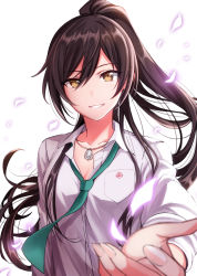 Rule 34 | 1girl, black hair, blurry, breast pocket, buttons, collarbone, collared shirt, depth of field, dog tags, dress shirt, fingernails, green necktie, hair between eyes, hand up, high ponytail, idolmaster, idolmaster shiny colors, jewelry, kamekoya sato, long hair, long sleeves, looking at viewer, loose necktie, necklace, necktie, outstretched arm, parted lips, petals, pocket, ponytail, reaching, reaching towards viewer, school uniform, shirase sakuya, shirt, simple background, smile, solo, upper body, very long hair, white background, white shirt, yellow eyes