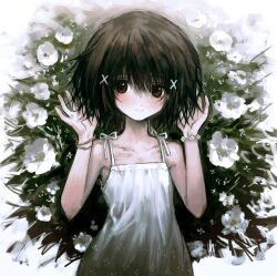 Rule 34 | 1girl, absurdres, blush, brown eyes, brown hair, closed mouth, collarbone, dress, flower bracelet, hair ornament, hands up, highres, iwakura lain, looking at viewer, serial experiments lain, short hair, smile, solo, torichikushou, upper body, white dress, x hair ornament