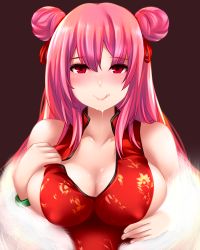 Rule 34 | 1girl, :q, azur lane, bad id, bad pixiv id, bare shoulders, breasts, china dress, chinese clothes, cleavage cutout, clothing cutout, covered erect nipples, double bun, dress, feather boa, hair bun, highres, la galissonniere (azur lane), la galissonniere (lush spring dreams) (azur lane), large breasts, long hair, looking at viewer, official alternate costume, pink hair, print dress, red dress, red eyes, simple background, sleeveless, sleeveless dress, solo, suggestive fluid, taut clothes, taut dress, tongue, tongue out, upper body, yoshimo