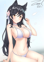 Rule 34 | 1girl, alternate costume, animal ears, arm support, atago (azur lane), atago (summer march) (azur lane), azur lane, bikini, black hair, blush, breasts, brown eyes, cleavage, closed mouth, crossed legs, dated, gloves, groin, hair ornament, hair ribbon, large breasts, long hair, looking at viewer, mole, mole under eye, navel, playing with own hair, ponytail, ribbon, shiny skin, signature, sitting, smile, solo, stomach, swept bangs, swimsuit, tareme, twitter username, unel, very long hair, white bikini