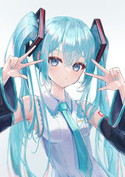 Rule 34 | 1girl, absurdres, aqua eyes, aqua hair, aqua nails, aqua necktie, blue eyes, breasts, closed mouth, collared dress, commentary, detached sleeves, double w, dress, hatsune miku, highres, lex suri12, light blush, long hair, looking at viewer, nail polish, necktie, sidelocks, simple background, sleeveless, sleeveless dress, small breasts, twintails, upper body, vocaloid, w, white background, white dress, wide sleeves