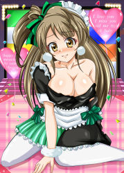 Rule 34 | 10s, 1girl, arm support, blush, bow, breasts, brown eyes, cleavage, confetti, dress, english text, grey hair, hair bow, hairband, heart, highres, kneeling, large breasts, long hair, looking at viewer, love live!, love live! school idol project, minami kotori, mogyutto &quot;love&quot; de sekkin chuu!, no bra, off shoulder, on floor, shiguko, single bare shoulder, smile, solo, thighhighs