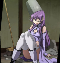 Rule 34 | 10s, 1girl, akame ga kill!, breasts, bucket, cleavage, cleavage cutout, clothing cutout, glasses, highres, long hair, open mouth, purple hair, sheele, sitting, solo, stitched, thighhighs, third-party edit, water, wet