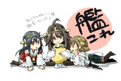 Rule 34 | 10s, 3girls, ahoge, boots, brown eyes, brown hair, detached sleeves, egg, glasses, green eyes, hands on own cheeks, hands on own face, haruna (kancolle), hiei (kancolle), holding, japanese clothes, kantai collection, kongou (kancolle), long hair, lying, multiple girls, nerokuro, nontraditional miko, on stomach, plaid, plaid skirt, purple eyes, ribbon-trimmed sleeves, ribbon trim, short hair, skirt, thigh boots, thighhighs