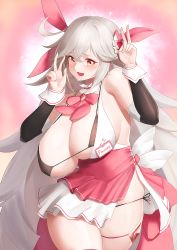 Rule 34 | 1girl, bikini, blonde hair, blush, breasts, character name, cleavage, curvy, detached sleeves, double v, faucre the evil overlord, gooak, hair between eyes, highres, huge breasts, korean commentary, last origin, long hair, looking at viewer, magical girl, name tag, open mouth, safety pin, silver hair, smile, solo, swimsuit, v, very long hair, wide hips, yellow eyes