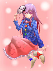 Rule 34 | 1girl, blue bow, bow, bowtie, bubble skirt, buttons, expressionless, full body, hata no kokoro, highres, isagi, long hair, long sleeves, looking at viewer, mask, unworn mask, noh mask, pink background, pink bow, pink bowtie, pink eyes, pink hair, plaid, plaid shirt, red bow, shirt, skirt, solo, touhou